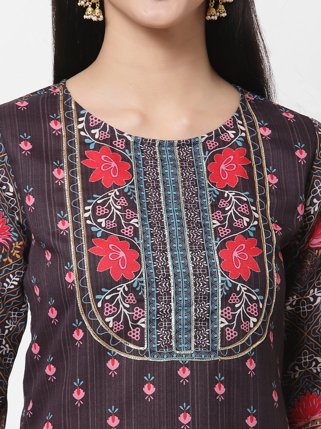 Women Brown Cotton Floral Printed Kurta by Myshka (