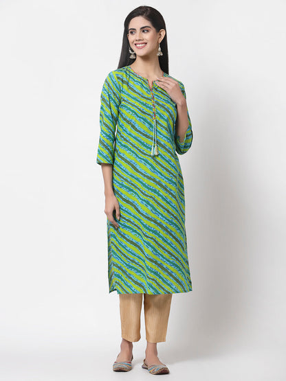 Women's Green Cotton Printed 3/4 Sleeve Round Neck Kurta