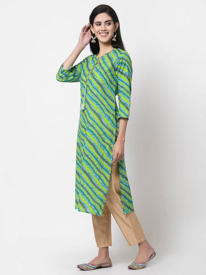 Women's Green Cotton Printed 3/4 Sleeve Round Neck Kurta