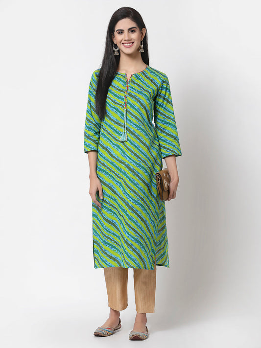 Women's Green Cotton Printed 3/4 Sleeve Round Neck Kurta