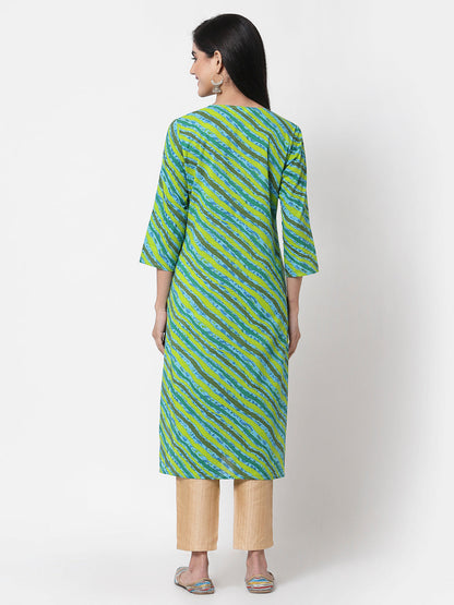 Women's Green Cotton Printed 3/4 Sleeve Round Neck Kurta