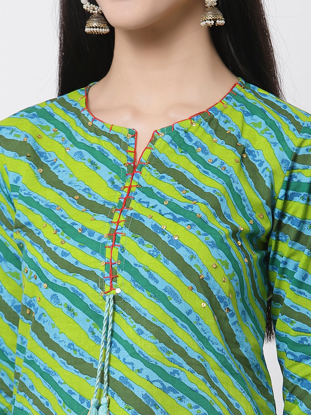Women's Green Cotton Printed 3/4 Sleeve Round Neck Kurta