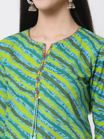 Women's Green Cotton Printed 3/4 Sleeve Round Neck Kurta