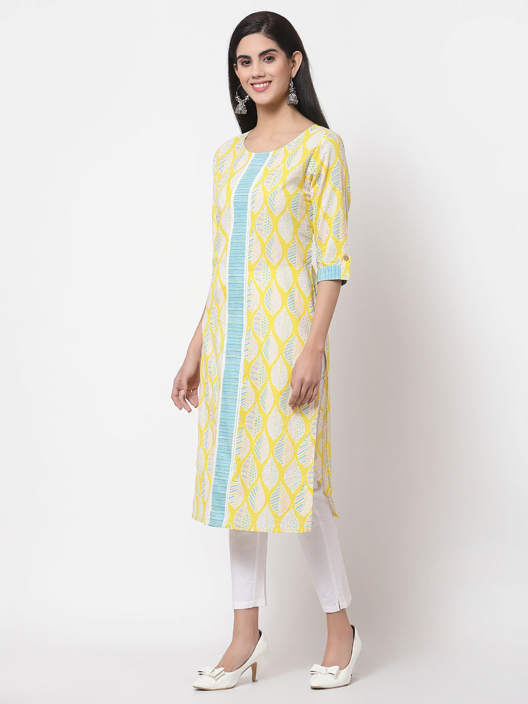 Women's Green Cotton Printed 3/4 Sleeve Round casual Only Tunic