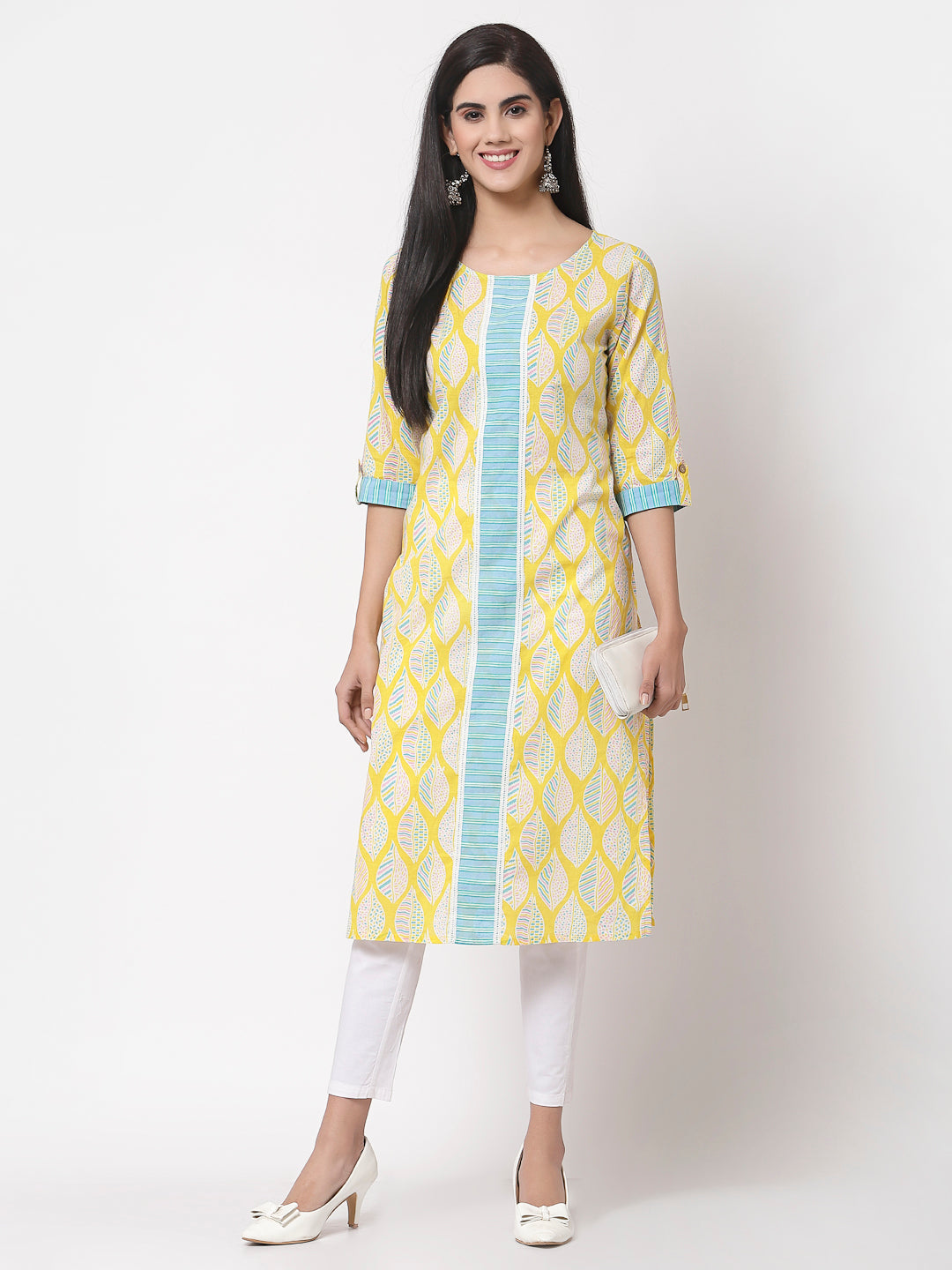 Women's Green Cotton Printed 3/4 Sleeve Round casual Only Tunic