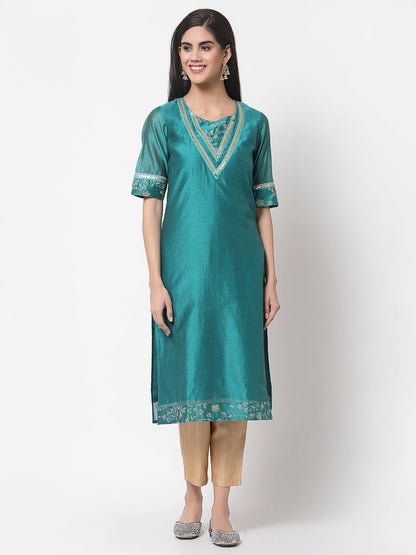 Women Green Chanderi Kurta by Myshka (