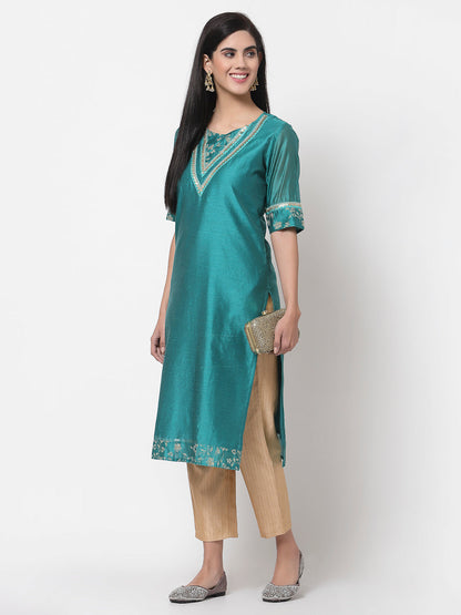 Women Green Chanderi Kurta by Myshka (