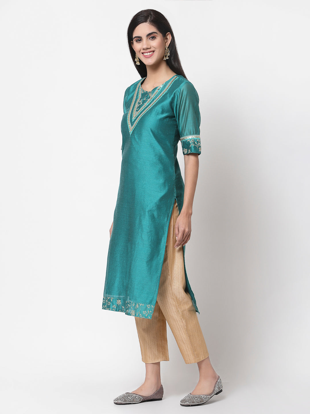 Women Green Chanderi Kurta by Myshka (