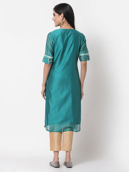 Women Green Chanderi Kurta by Myshka (
