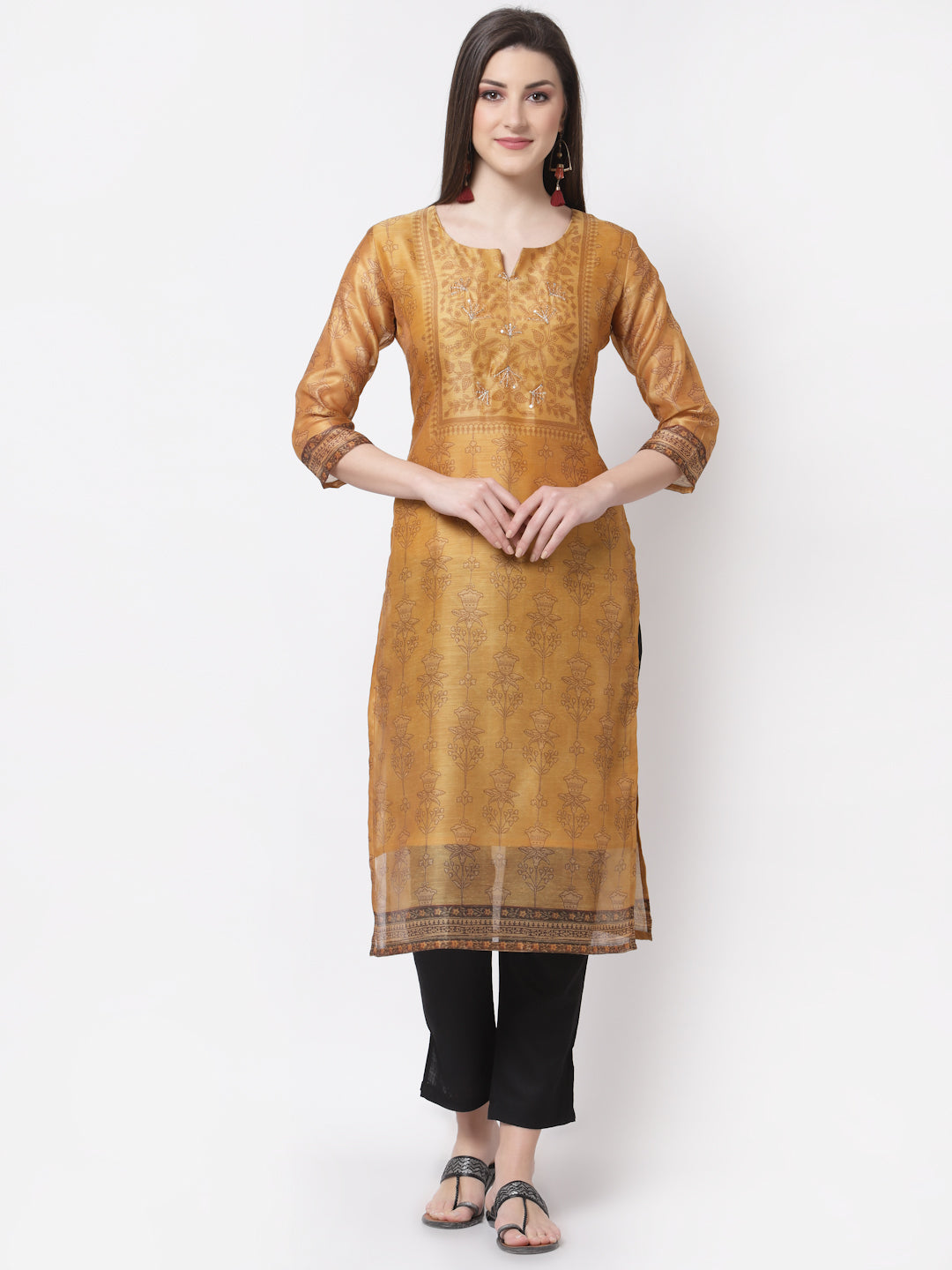 Women's Stylish Chanderi silk Round Neck 3/4 Sleeve Printed Kurta