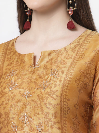Women's Stylish Chanderi silk Round Neck 3/4 Sleeve Printed Kurta