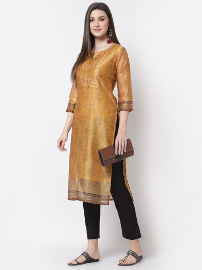 Women's Stylish Chanderi silk Round Neck 3/4 Sleeve Printed Kurta