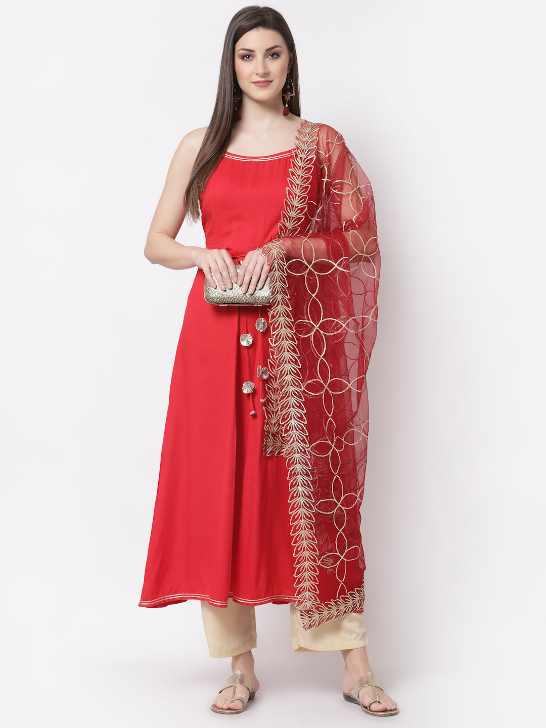 Women's Stylish Silk blend Square Neck Sleeveless Solid Kurta Dupatta Set
