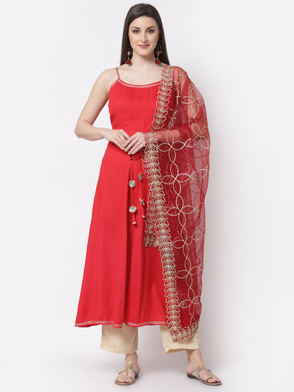 Women's Stylish Silk blend Square Neck Sleeveless Solid Kurta Dupatta Set