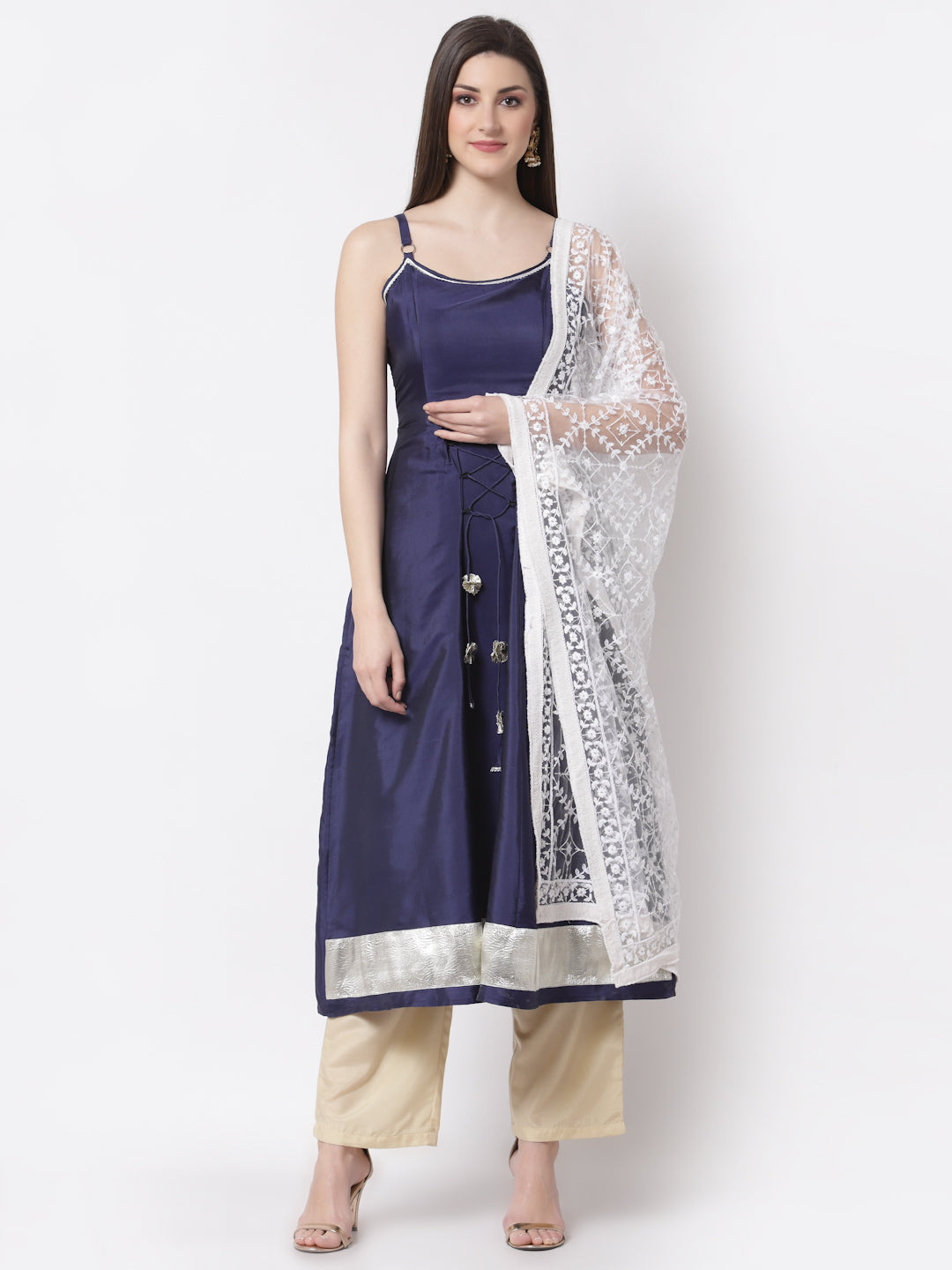 Women's Stylish Silk blend Square Neck Sleeveless Embroidered Kurta Dupatta Set