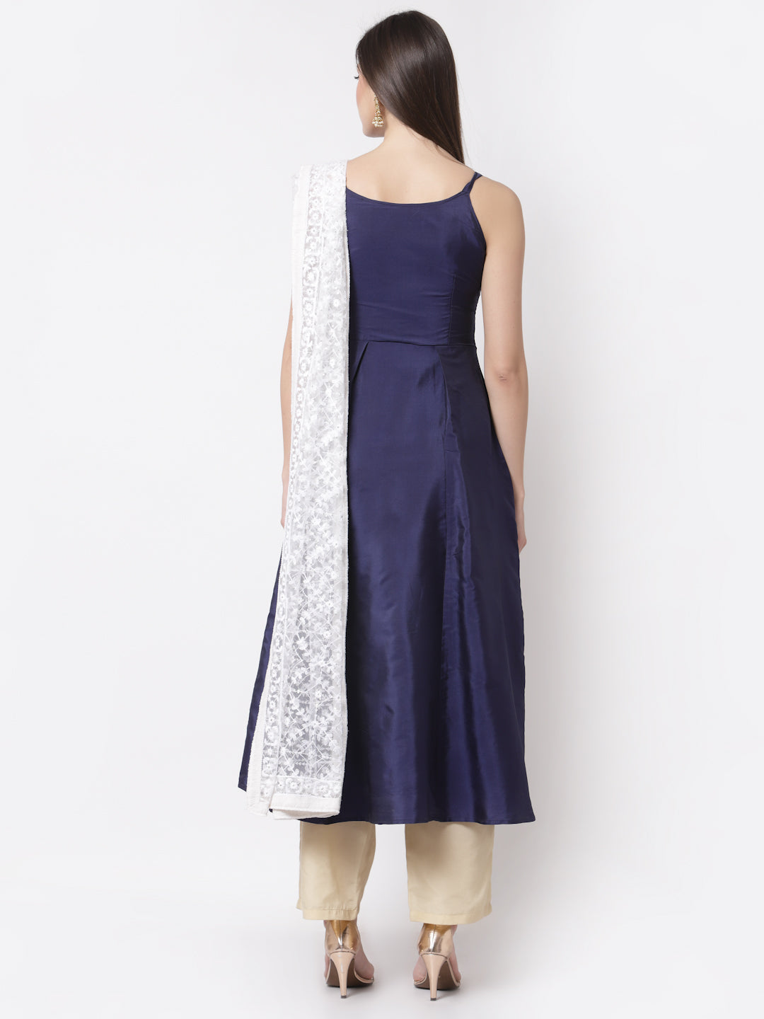 Women's Stylish Silk blend Square Neck Sleeveless Embroidered Kurta Dupatta Set