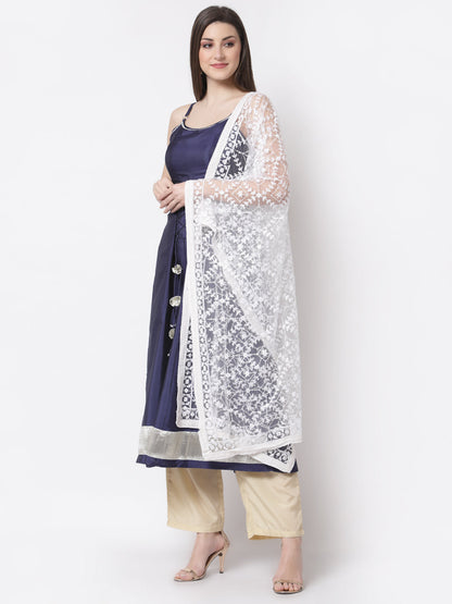 Women's Stylish Silk blend Square Neck Sleeveless Embroidered Kurta Dupatta Set