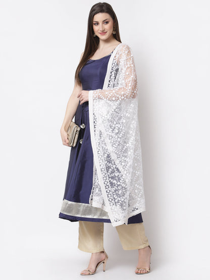 Women's Stylish Silk blend Square Neck Sleeveless Embroidered Kurta Dupatta Set