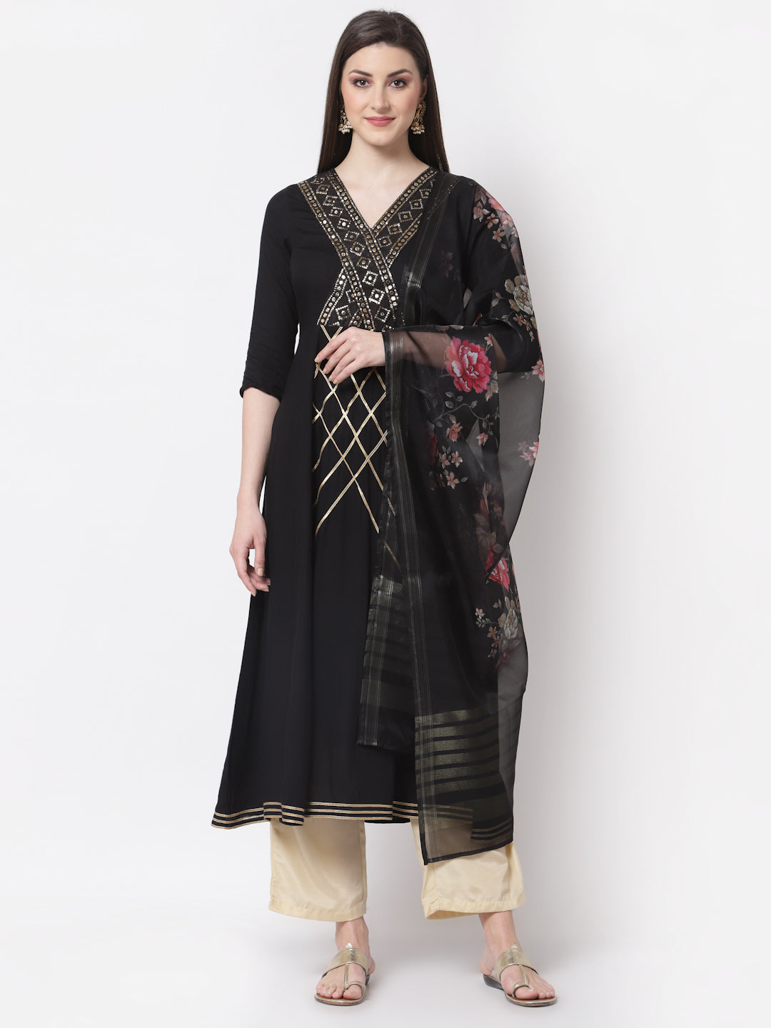 Women's Stylish Rayon V Neck 3/4 Sleeve Embroidered Kurta Dupatta Set