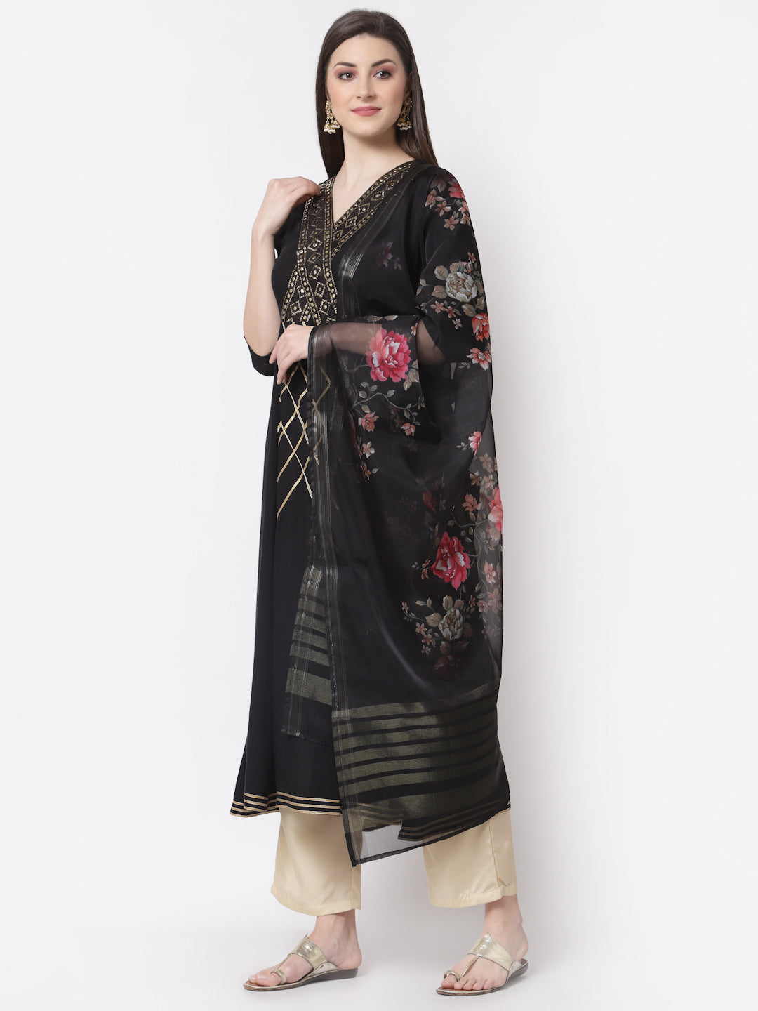 Women's Stylish Rayon V Neck 3/4 Sleeve Embroidered Kurta Dupatta Set