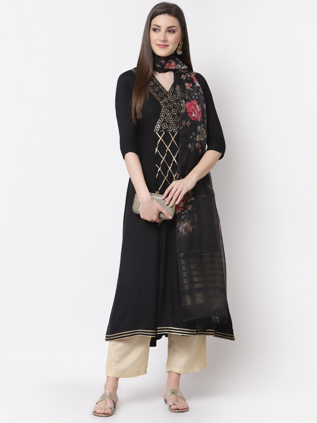 Women's Stylish Rayon V Neck 3/4 Sleeve Embroidered Kurta Dupatta Set
