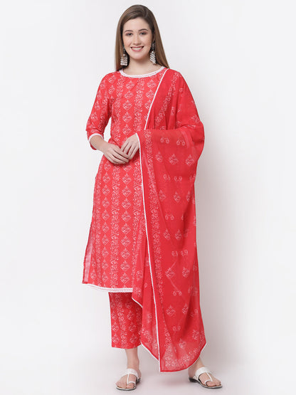 Women's Stylish Cotton Round Neck 3/4 Sleeve Printed Kurta Pant Dupatta Set