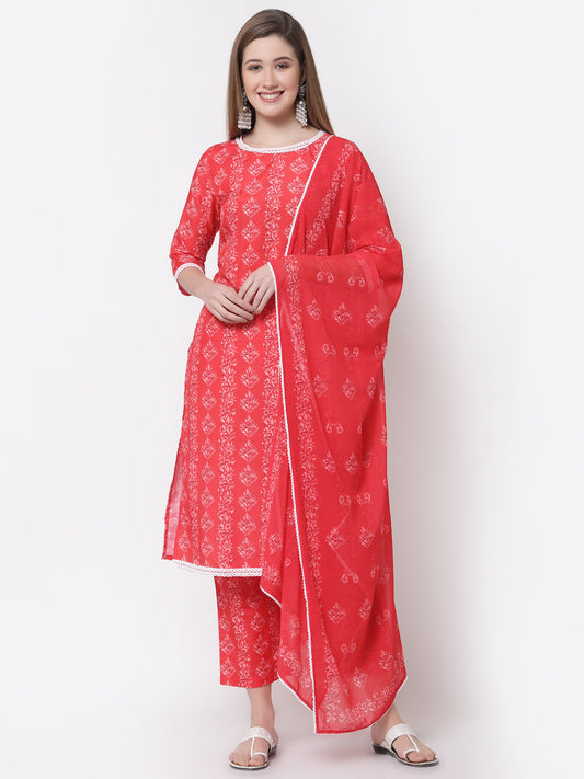 Women's Stylish Cotton Round Neck 3/4 Sleeve Printed Kurta Pant Dupatta Set