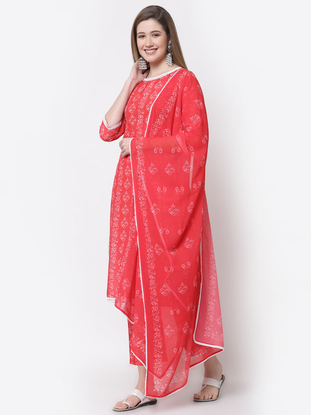 Women's Stylish Cotton Round Neck 3/4 Sleeve Printed Kurta Pant Dupatta Set