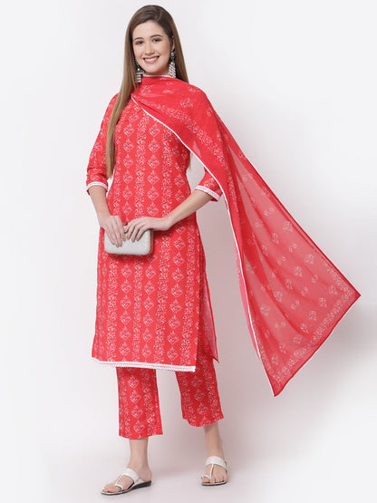Women's Stylish Cotton Round Neck 3/4 Sleeve Printed Kurta Pant Dupatta Set