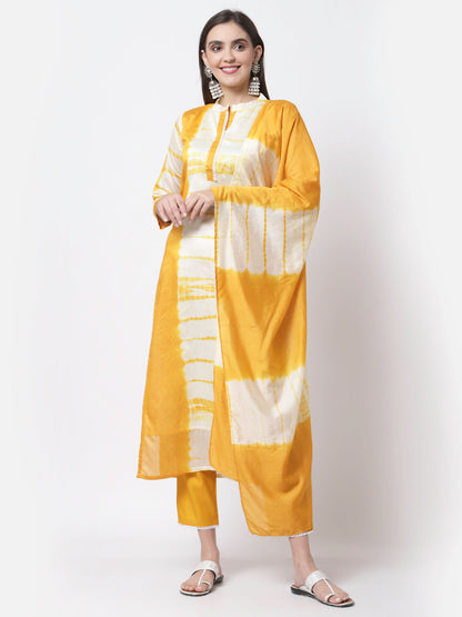 Women's Trendy Style Yellow viscose Printed 3/4 Sleeve Round Neck Kurta Pant Dupatta (3pieces) set