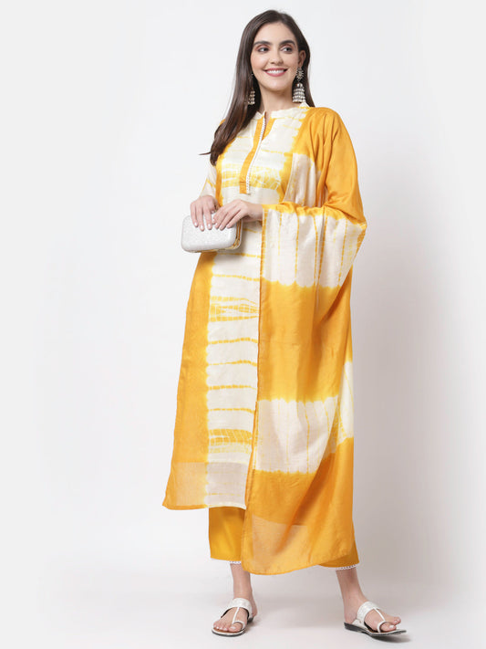 Women's Trendy Style Yellow viscose Printed 3/4 Sleeve Round Neck Kurta Pant Dupatta (3pieces) set