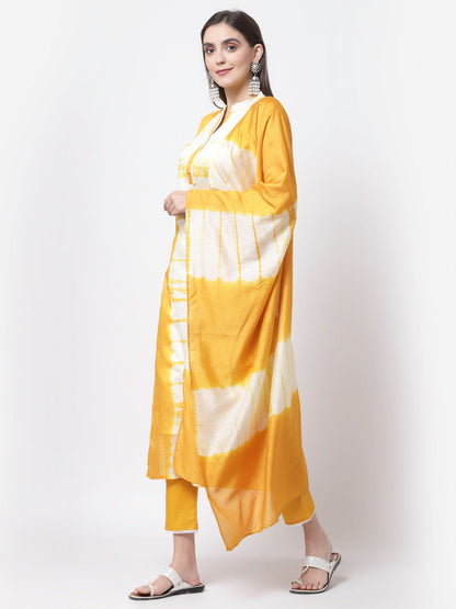 Women's Trendy Style Yellow viscose Printed 3/4 Sleeve Round Neck Kurta Pant Dupatta (3pieces) set