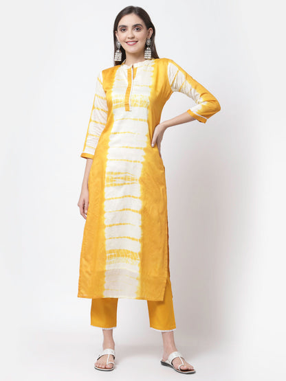 Women's Trendy Style Yellow viscose Printed 3/4 Sleeve Round Neck Kurta Pant Dupatta (3pieces) set
