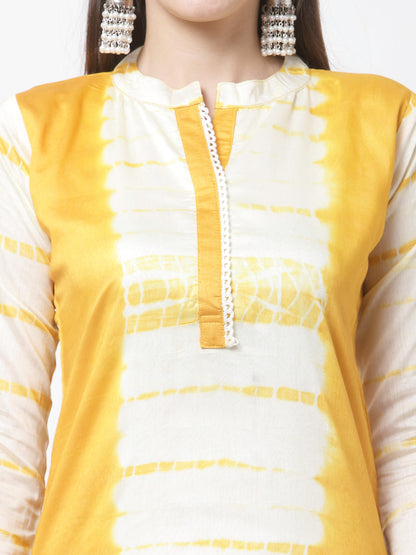 Women's Trendy Style Yellow viscose Printed 3/4 Sleeve Round Neck Kurta Pant Dupatta (3pieces) set