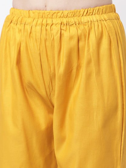 Women's Trendy Style Yellow viscose Printed 3/4 Sleeve Round Neck Kurta Pant Dupatta (3pieces) set