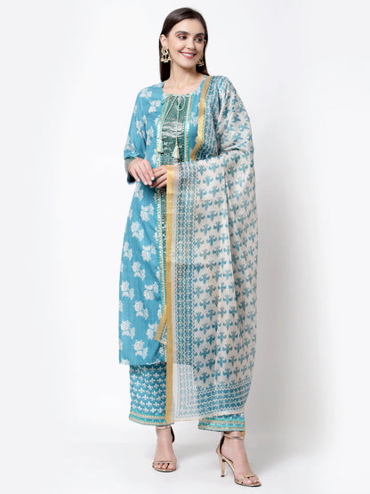 Women's Trendy Style Blue cotton blend Printed 3/4 Sleeve Round Neck Kurta Pant Dupatta (3Pieces) set