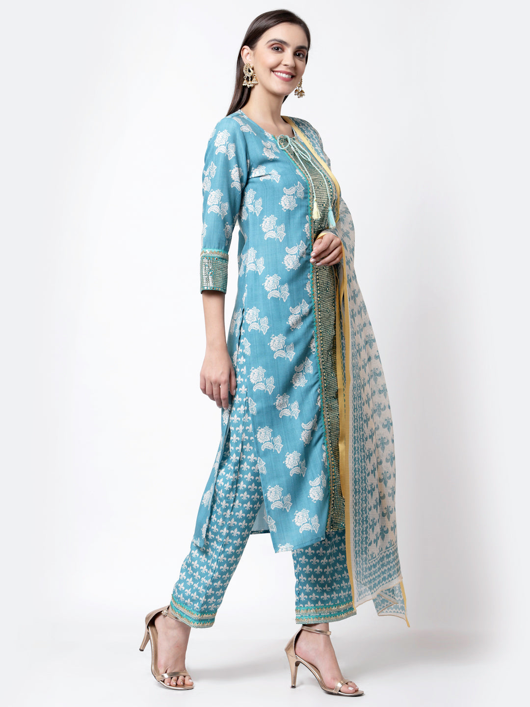 Women's Trendy Style Blue cotton blend Printed 3/4 Sleeve Round Neck Kurta Pant Dupatta (3Pieces) set