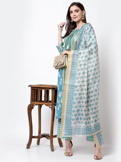 Women's Trendy Style Blue cotton blend Printed 3/4 Sleeve Round Neck Kurta Pant Dupatta (3Pieces) set
