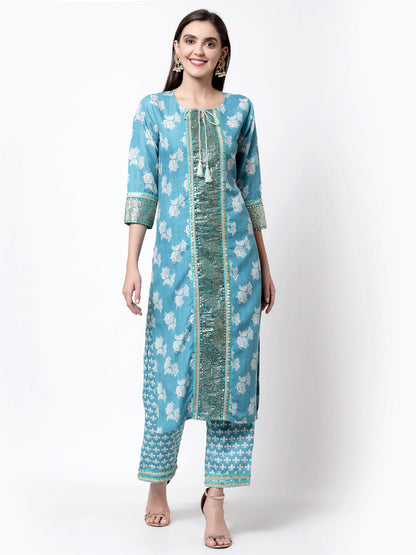 Women's Trendy Style Blue cotton blend Printed 3/4 Sleeve Round Neck Kurta Pant Dupatta (3Pieces) set
