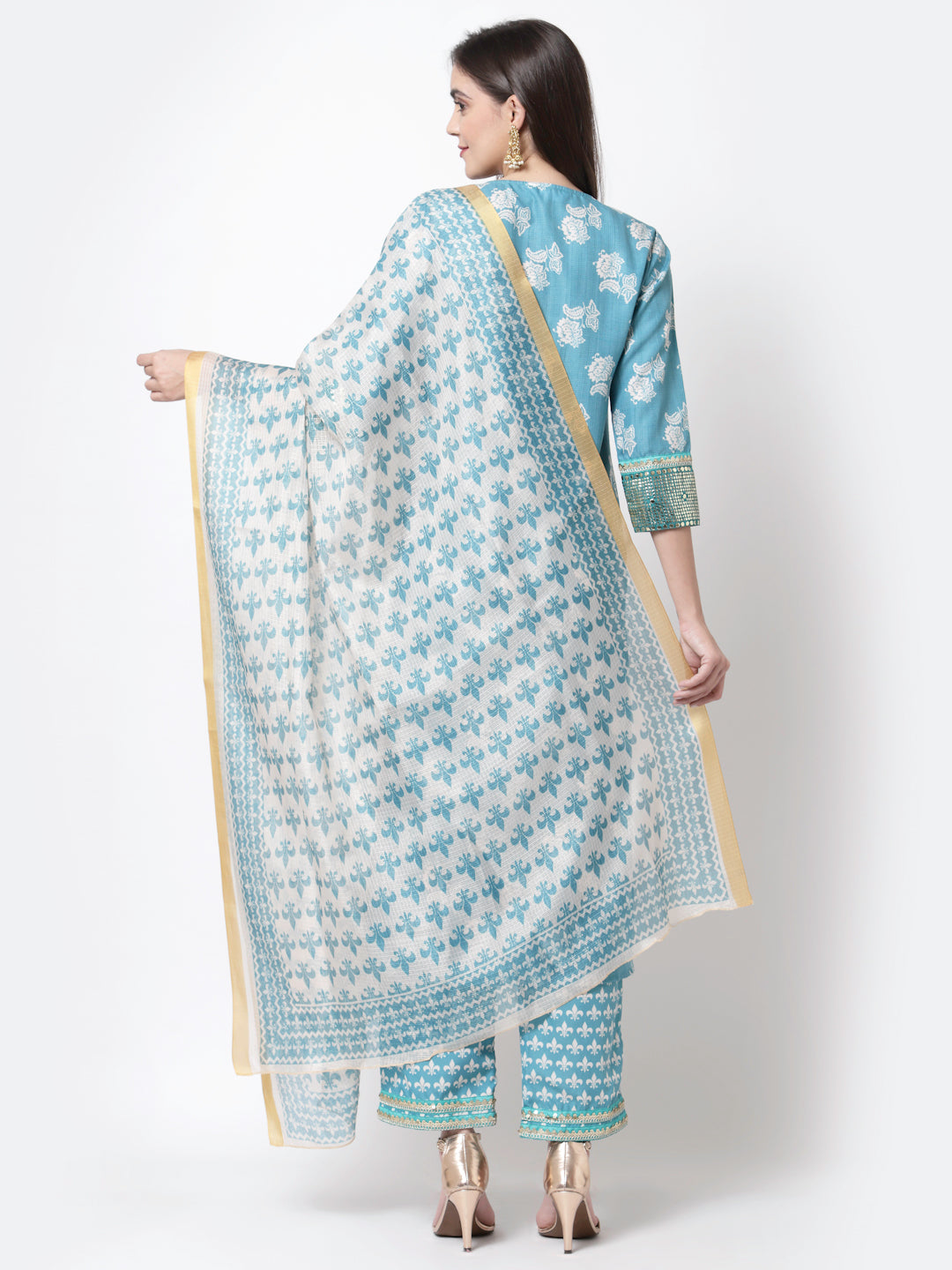 Women's Trendy Style Blue cotton blend Printed 3/4 Sleeve Round Neck Kurta Pant Dupatta (3Pieces) set