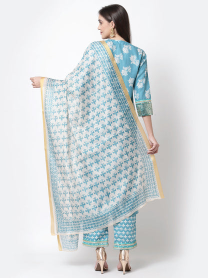 Women's Trendy Style Blue cotton blend Printed 3/4 Sleeve Round Neck Kurta Pant Dupatta (3Pieces) set
