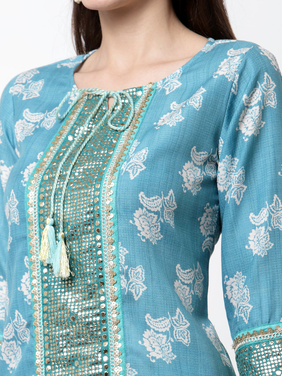 Women's Trendy Style Blue cotton blend Printed 3/4 Sleeve Round Neck Kurta Pant Dupatta (3Pieces) set