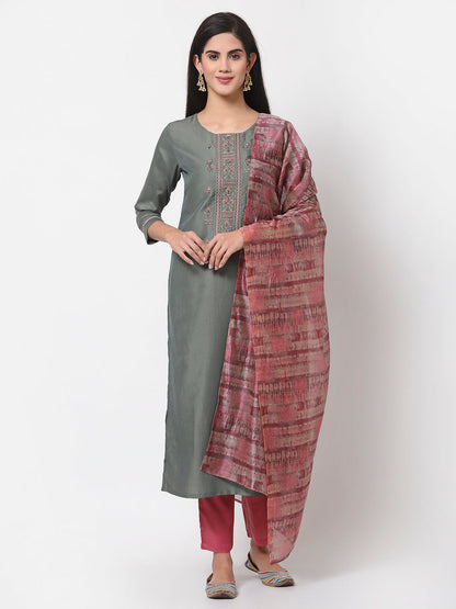 Women's Grey Silk blend Embroidered 3/4 Sleeve Round Neck Kurta Pant Dupatta (3Pieces) set
