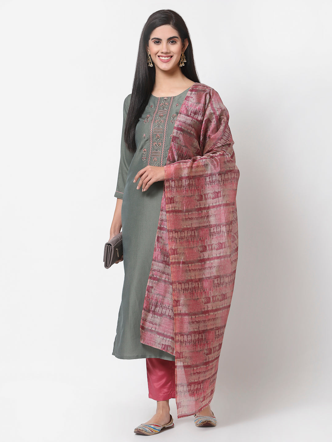 Women's Grey Silk blend Embroidered 3/4 Sleeve Round Neck Kurta Pant Dupatta (3Pieces) set