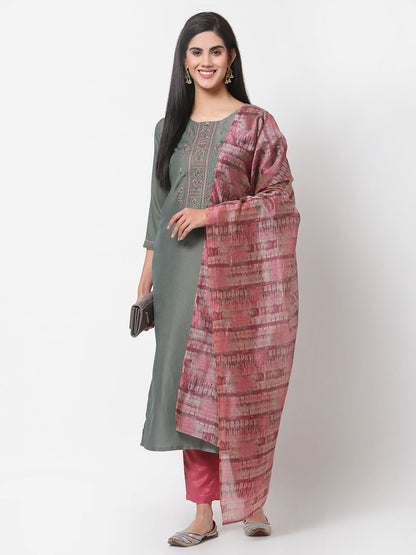 Women's Grey Silk blend Embroidered 3/4 Sleeve Round Neck Kurta Pant Dupatta (3Pieces) set