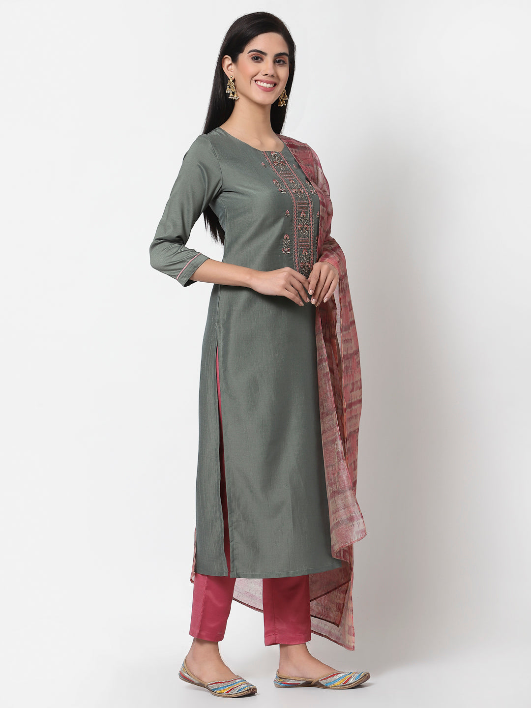 Women's Grey Silk blend Embroidered 3/4 Sleeve Round Neck Kurta Pant Dupatta (3Pieces) set
