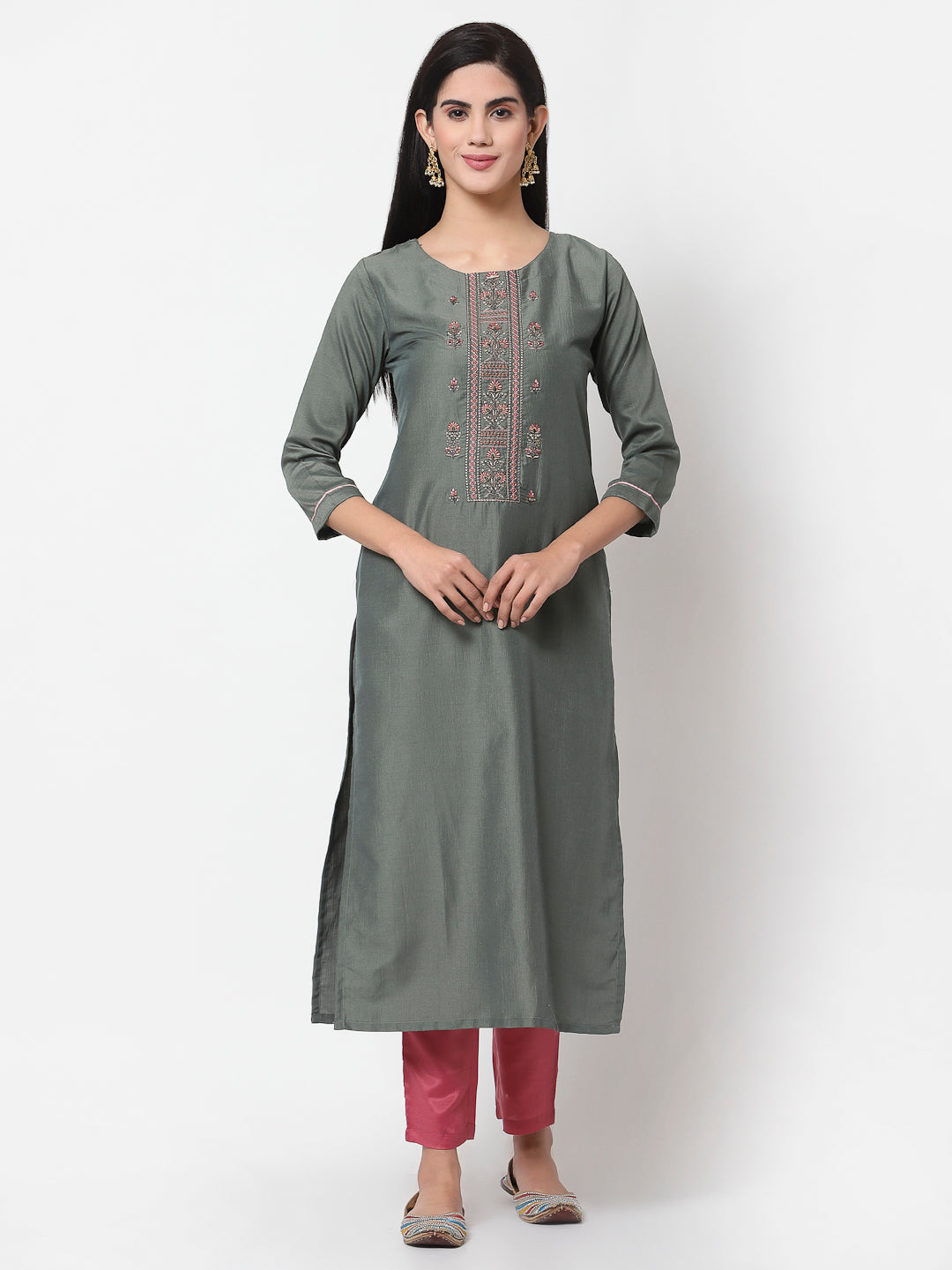 Women's Grey Silk blend Embroidered 3/4 Sleeve Round Neck Kurta Pant Dupatta (3Pieces) set