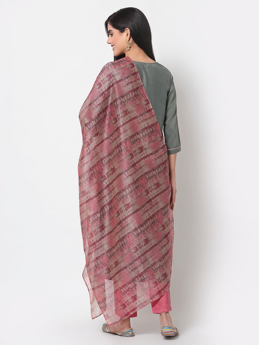Women's Grey Silk blend Embroidered 3/4 Sleeve Round Neck Kurta Pant Dupatta (3Pieces) set