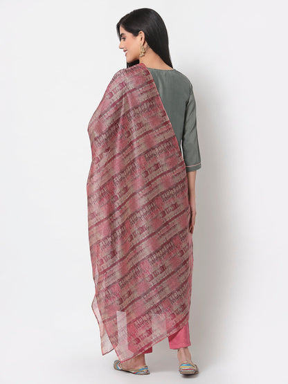 Women's Grey Silk blend Embroidered 3/4 Sleeve Round Neck Kurta Pant Dupatta (3Pieces) set
