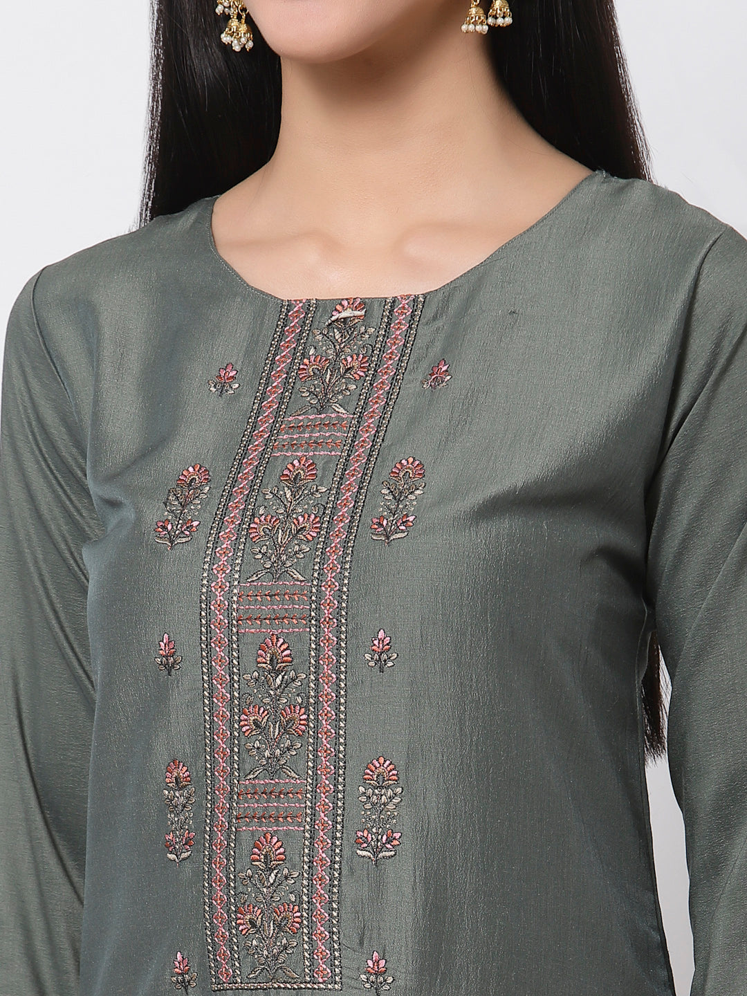 Women's Grey Silk blend Embroidered 3/4 Sleeve Round Neck Kurta Pant Dupatta (3Pieces) set